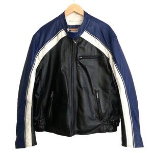 VTG Wilson Leather M. Julian Cafe Racer Mens Sz XL Moto Jacket Black Blue White